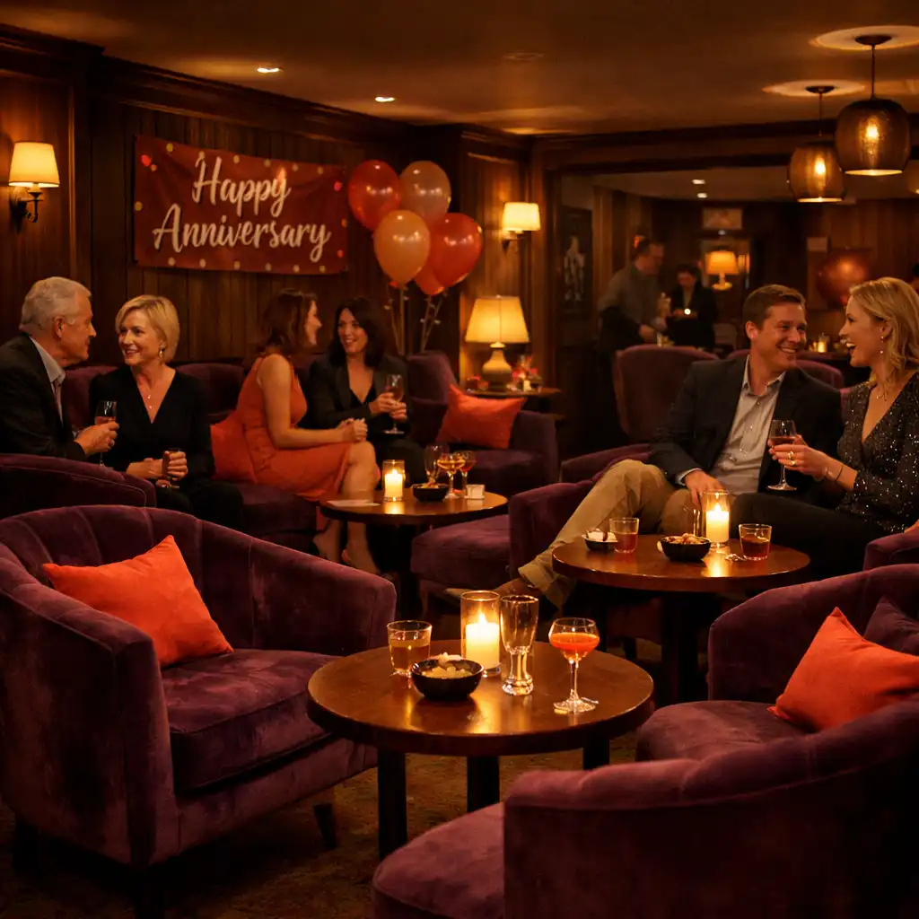 Espace Card Lounge avec fauteuils en velours aubergine et lumière tamisée lors d’un anniversaire