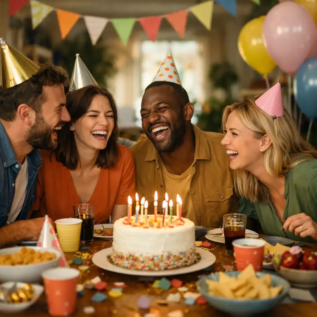 Groupe d'amis adultes riant autour d'une table décorée pour un anniversaire
