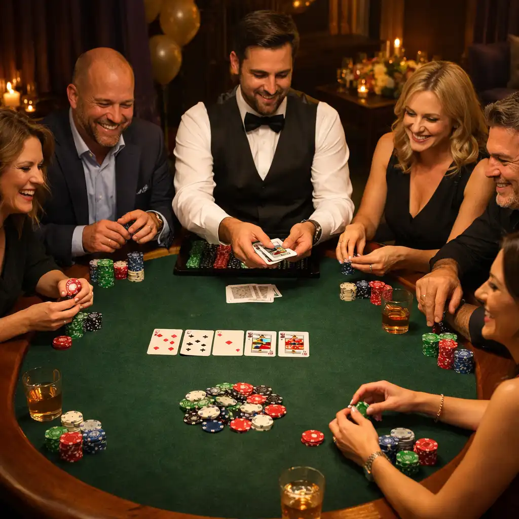 Invités adultes jouant autour d’une table de poker professionnelle lors d’une soirée d’anniversaire privée