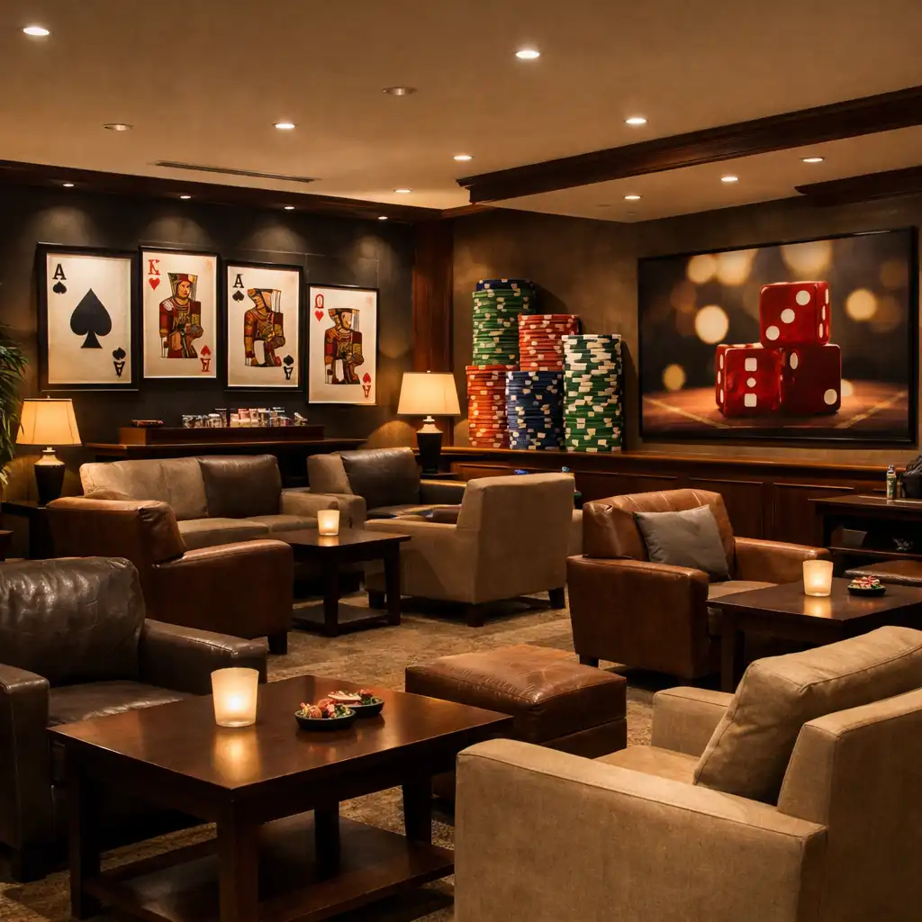 Card lounge avec fauteuils confortables, tables basses et lumière chaleureuse