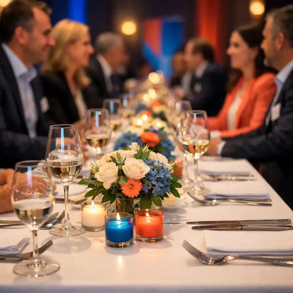 Longue table de réception élégamment dressée lors d’un événement corporate, avec invités en tenue professionnelle