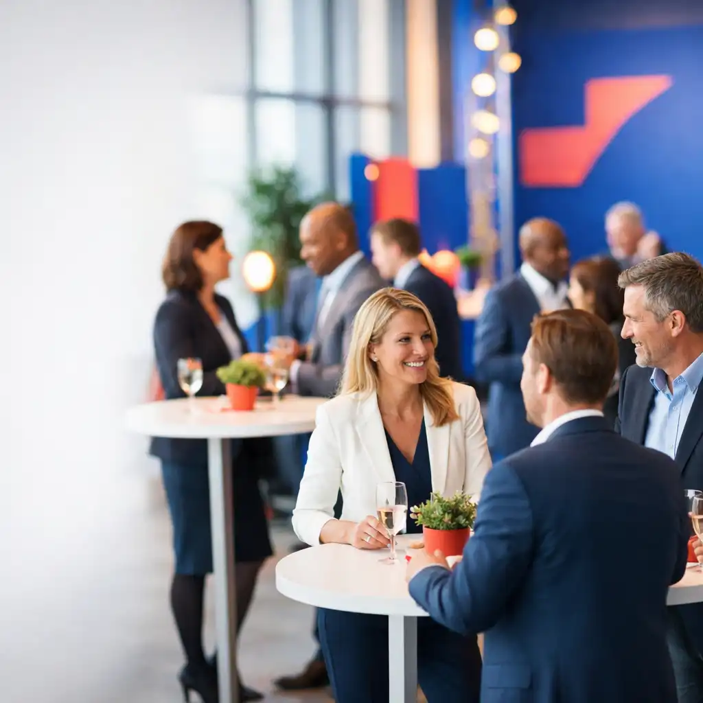 Professionnels en tenue business discutant autour de tables hautes lors d’un événement corporate moderne et lumineux