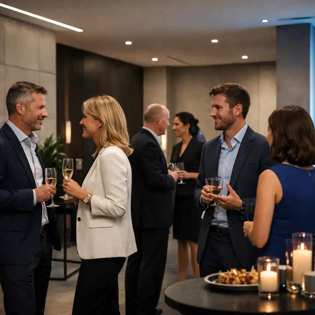 Professionnels en tenue élégante discutant lors d'un cocktail corporate dans un espace moderne
