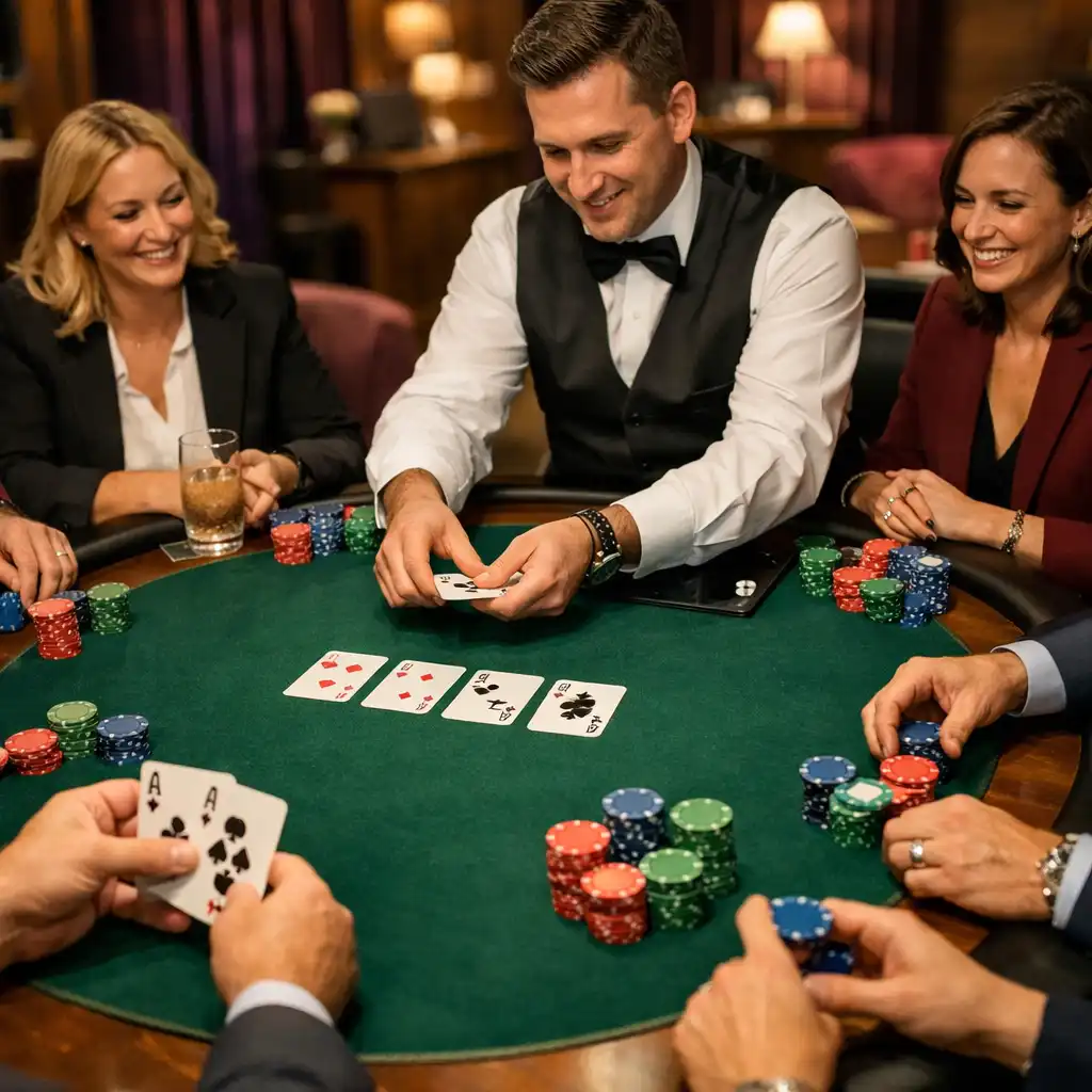 Vraie table de poker ovale avec cartes, jetons et participants en tenue professionnelle lors d’un événement corporate