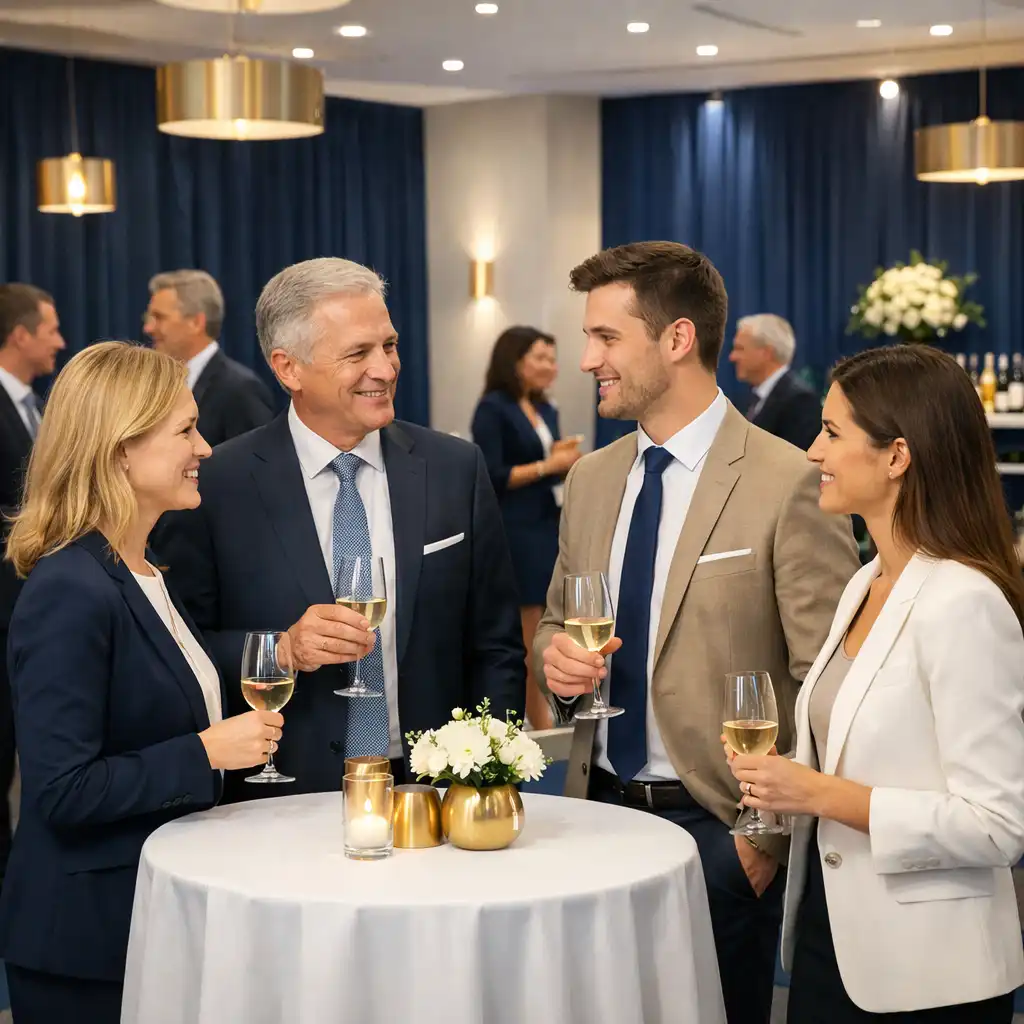 Réception corporate élégante avec des professionnels en discussion autour de tables hautes