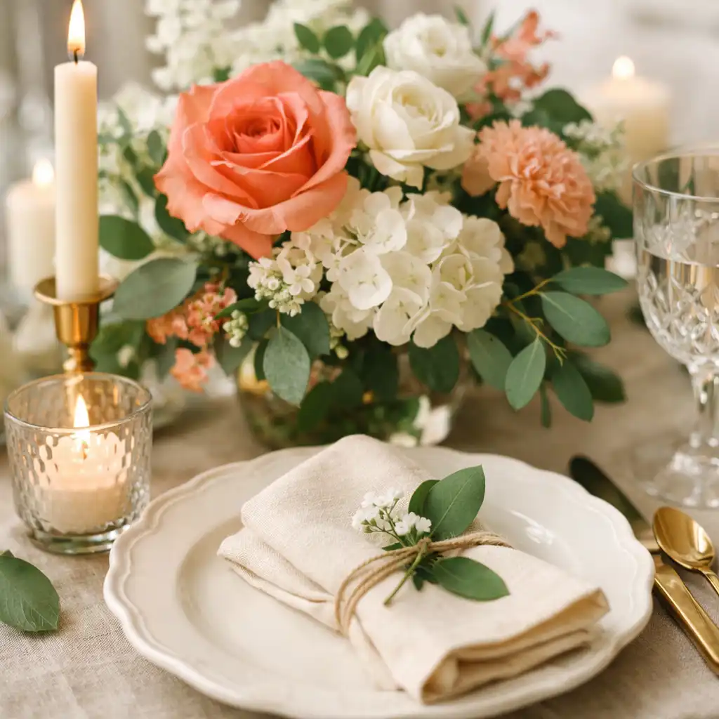 Détail de décoration pour événement privé : table dressée avec fleurs fraîches, bougies et vaisselle élégante