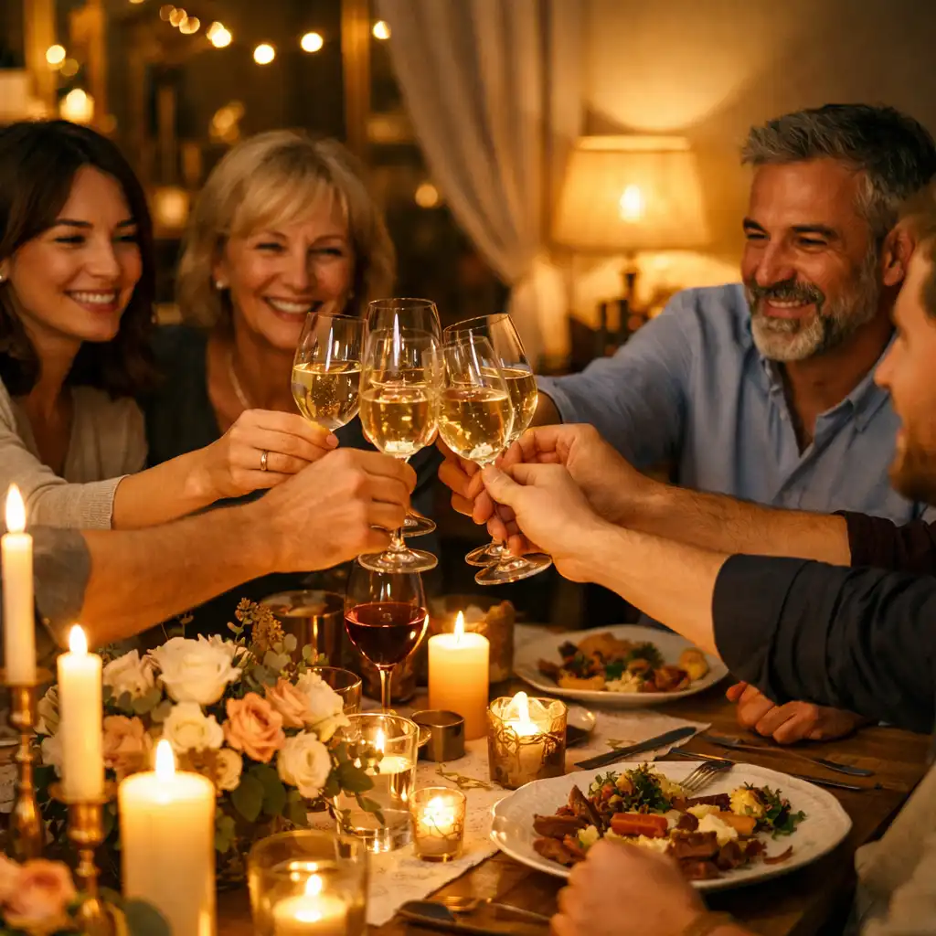 Famille ou amis proches trinquant lors d'une célébration privée intime avec bougies et fleurs