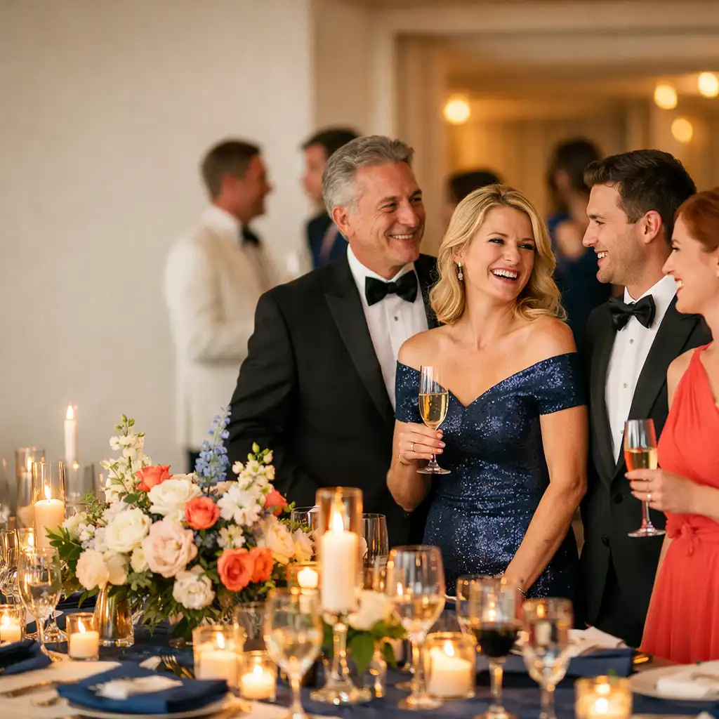 Réception privée élégante avec invités souriants, table décorée de fleurs et bougies