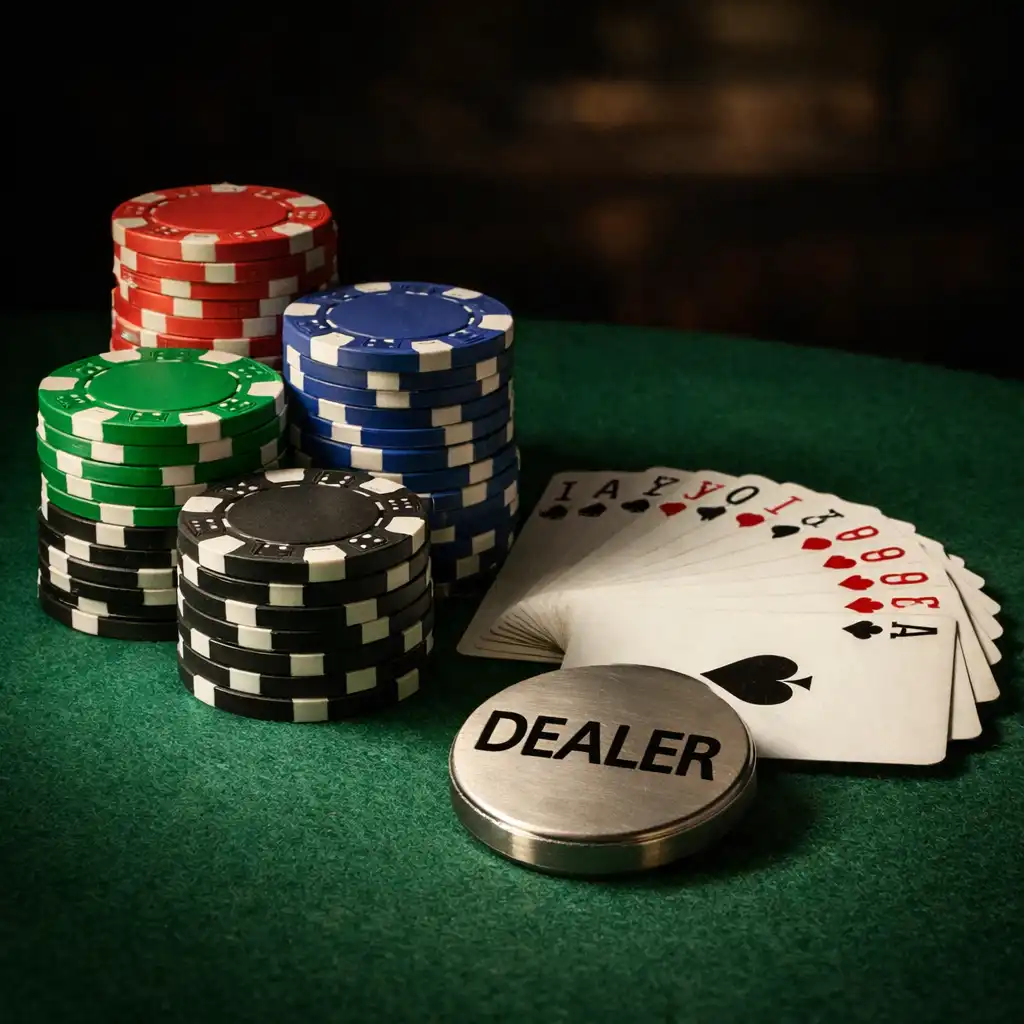 Jetons de poker en argile, cartes à jouer en éventail et bouton dealer sur tapis de feutre vert