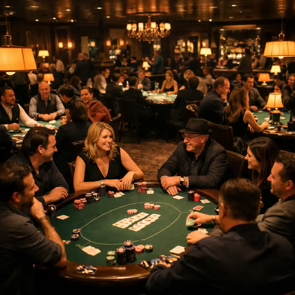 Soirée poker dans un card lounge avec plusieurs tables occupées et éclairage tamisé