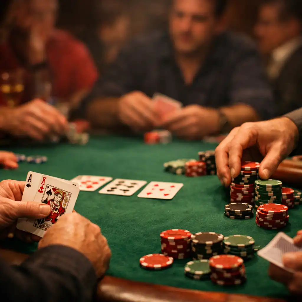 Personnes assises autour d'une table de poker physique avec cartes et jetons