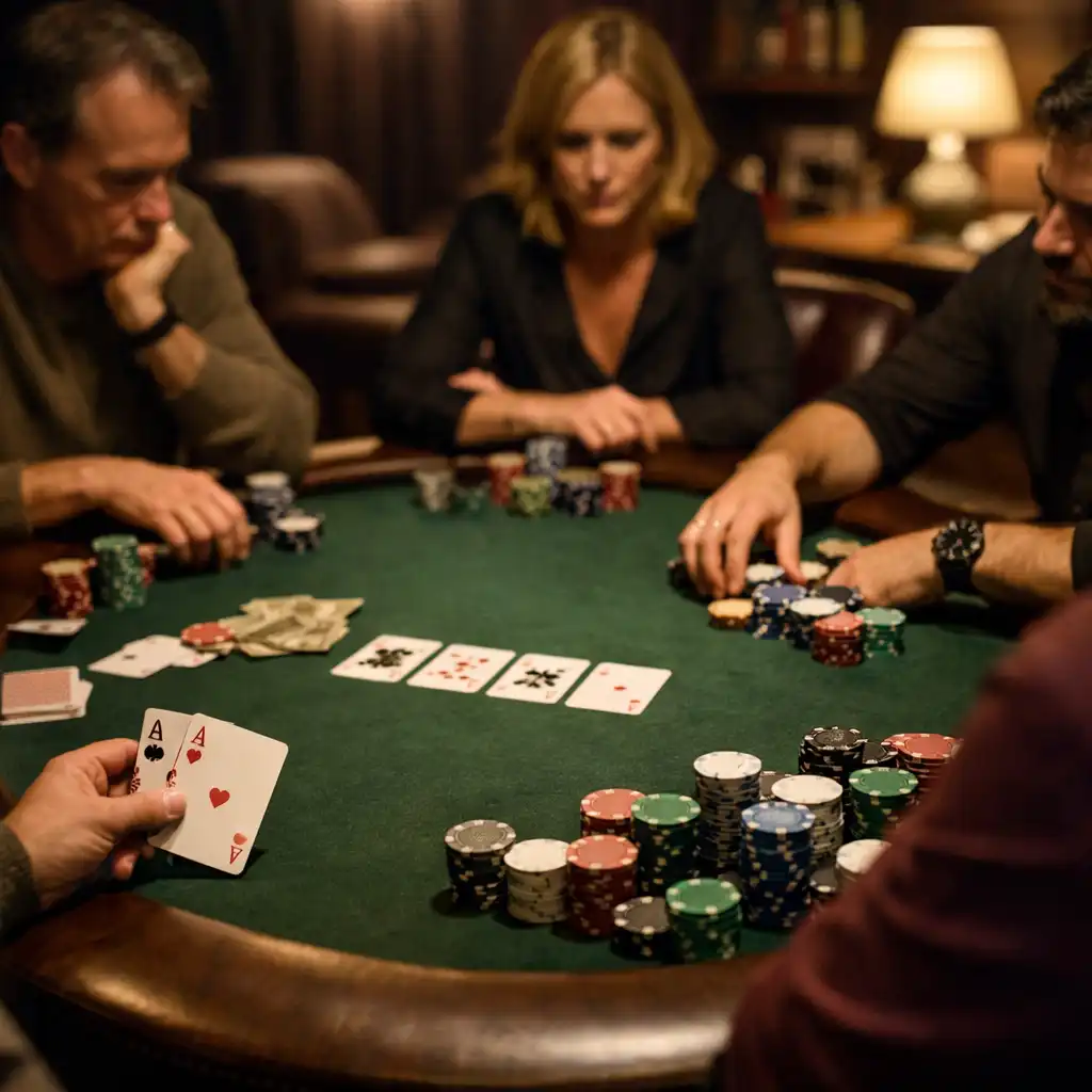 Table de poker physique dans un salon privé chaleureux avec joueurs concentrés