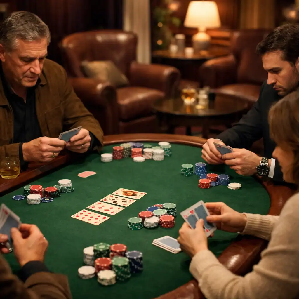 Joueurs réunis autour d’une table de poker physique dans une ambiance feutrée