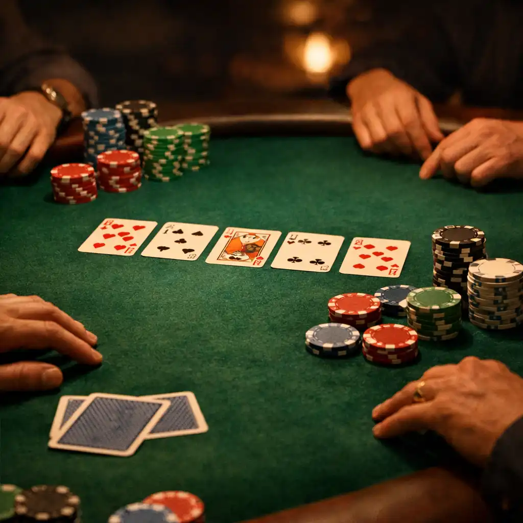 Table de poker physique avec feutre vert, cartes et jetons, mains de joueurs autour de la table