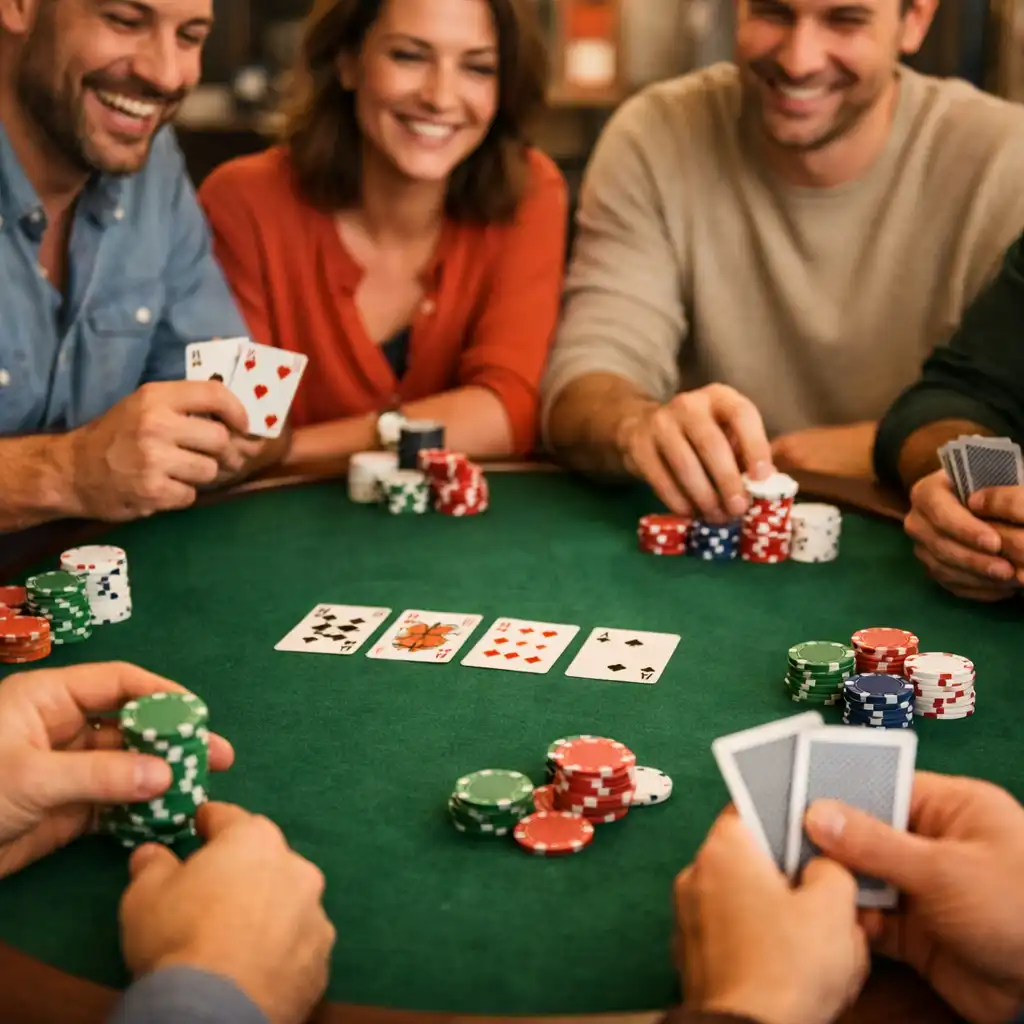 Table de poker en feutre vert lors d'un team building d'entreprise, avec des collaborateurs souriants qui interagissent autour de cartes et de jetons