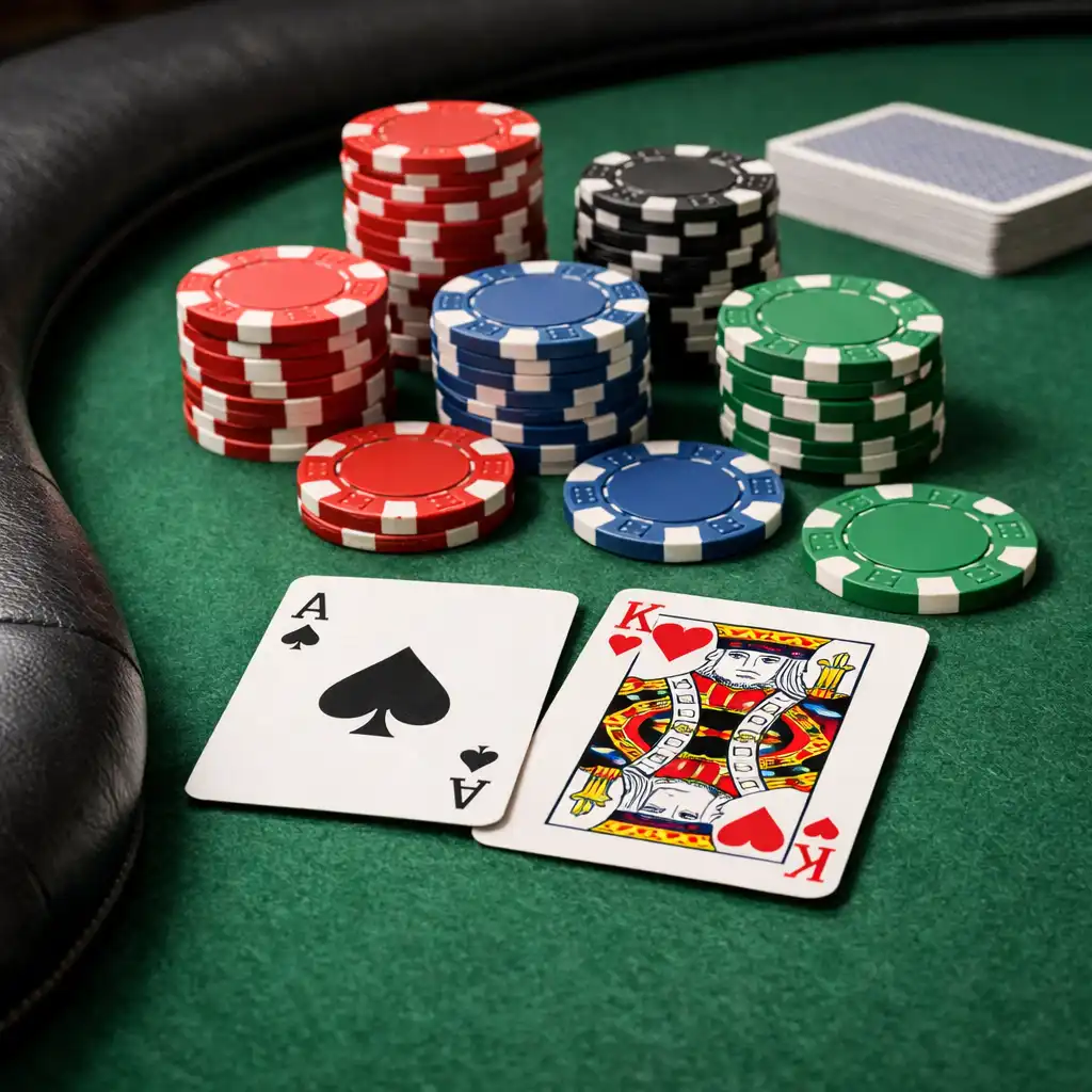 Gros plan sur une vraie table de poker physique avec feutre vert, cartes et jetons