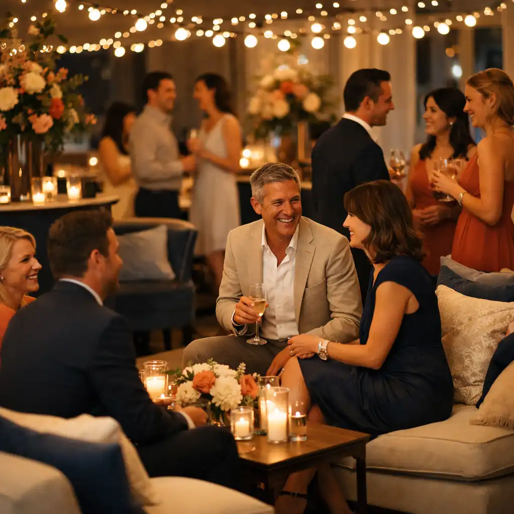 Invités réunis lors d’une soirée thématique élégante avec décoration chaleureuse
