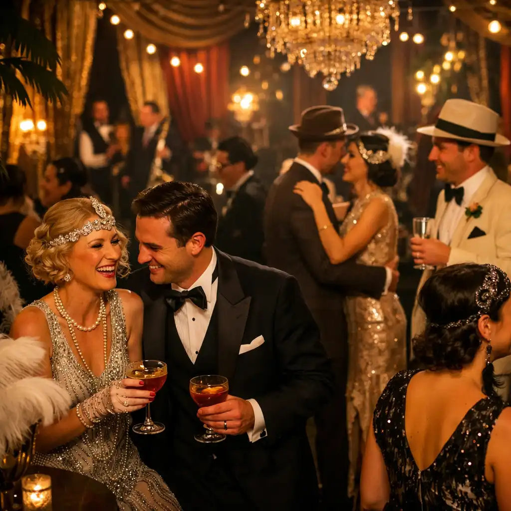 Invités costumés dans un décor thématique immersif lors d'une soirée