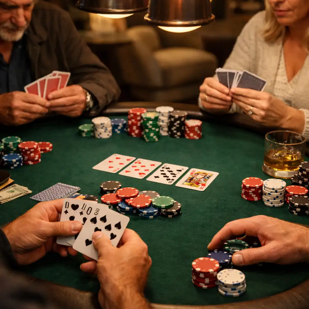 Invités réunis autour d’une table de poker physique dans une ambiance chaleureuse