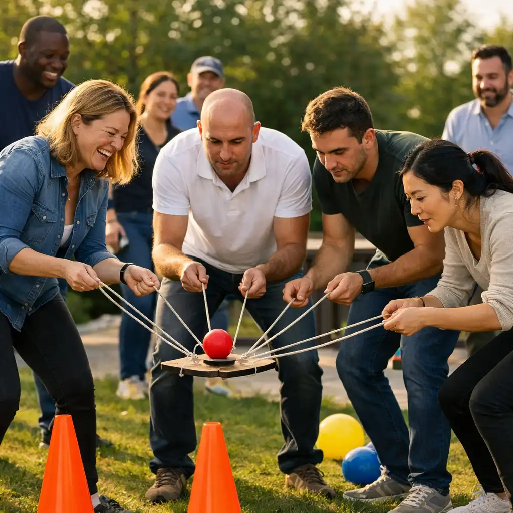 Groupe de collègues participant à un jeu collaboratif en extérieur lors d'un team building